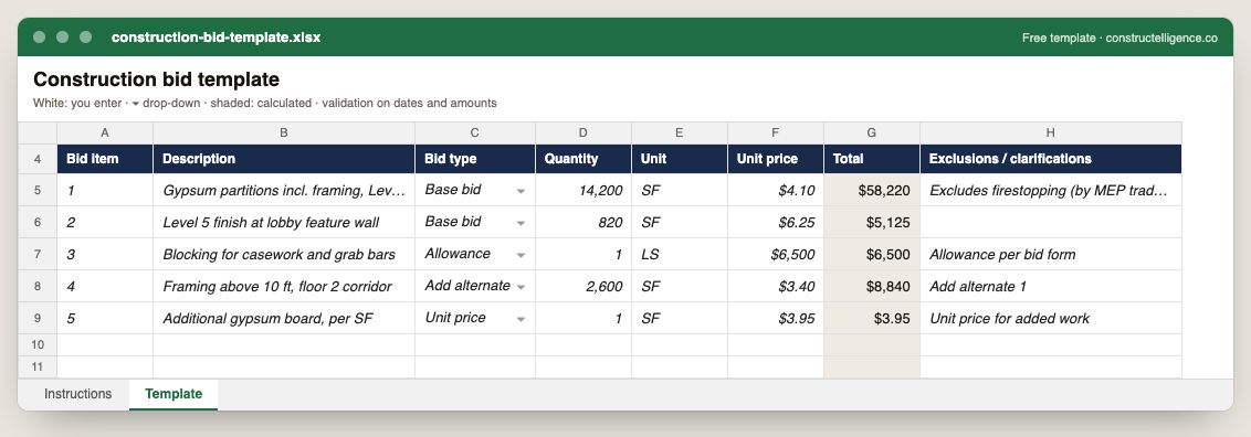 Construction bid template preview