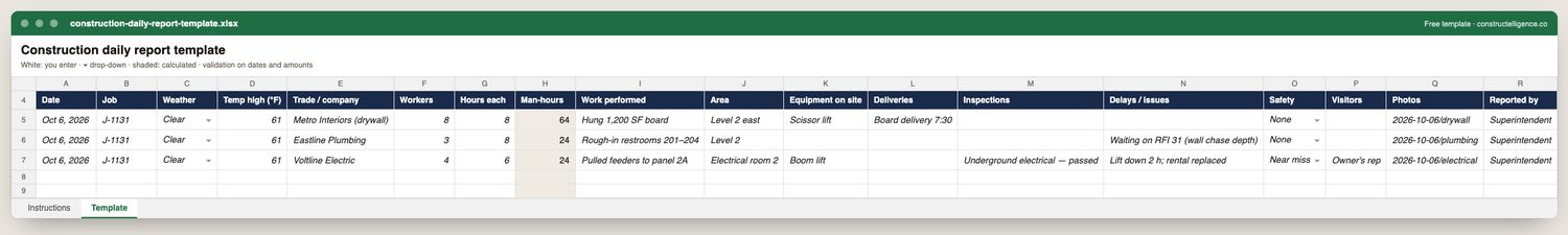 Construction daily report template preview