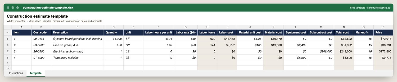 Construction estimate template preview