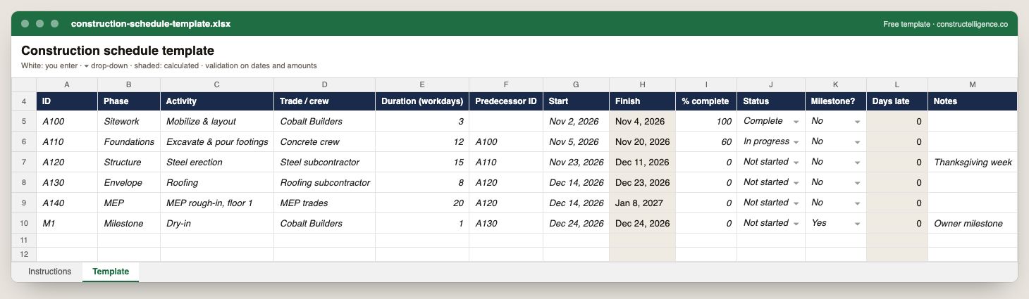 Construction schedule template preview