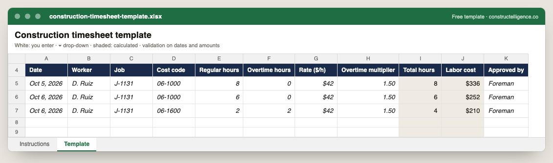 Construction timesheet template preview
