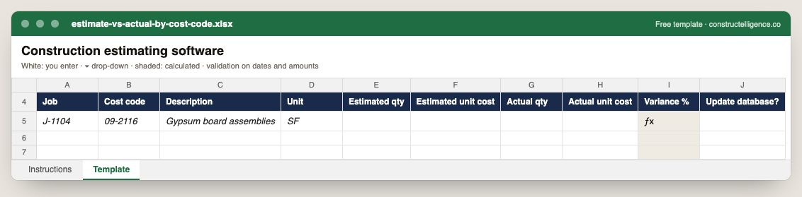 Estimate vs actual by cost code preview