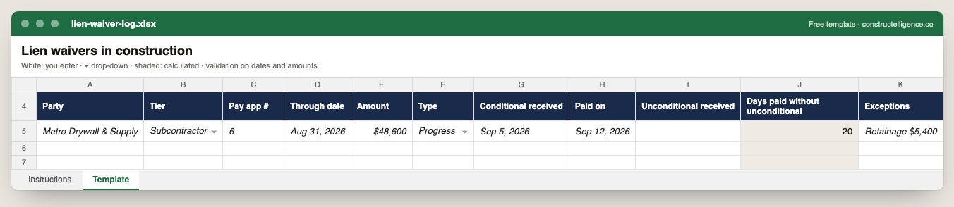 Lien waiver log preview