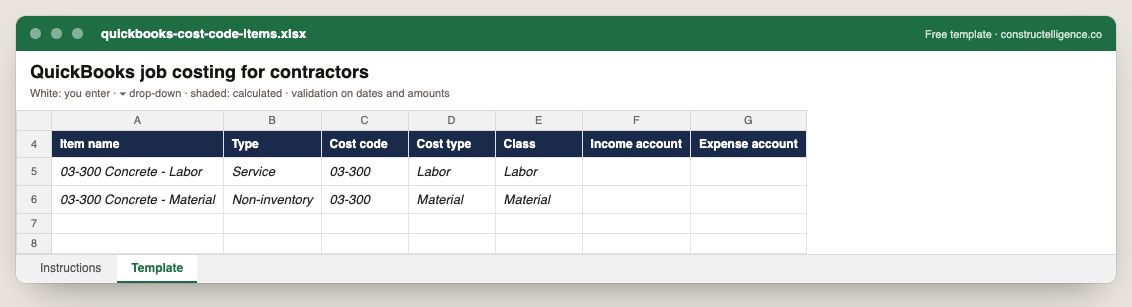 QuickBooks cost code items in Excel, filled in with example rows — columns: Item name, Type, Cost code, Cost type, Class, Income account, Expense account