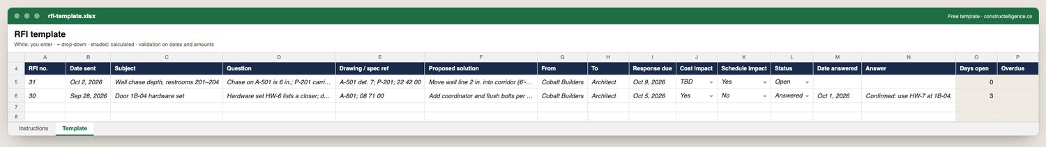 RFI template in Excel, filled in with example rows — columns: RFI no., Date sent, Subject, Question, Drawing / spec ref, Proposed solution, From, To…